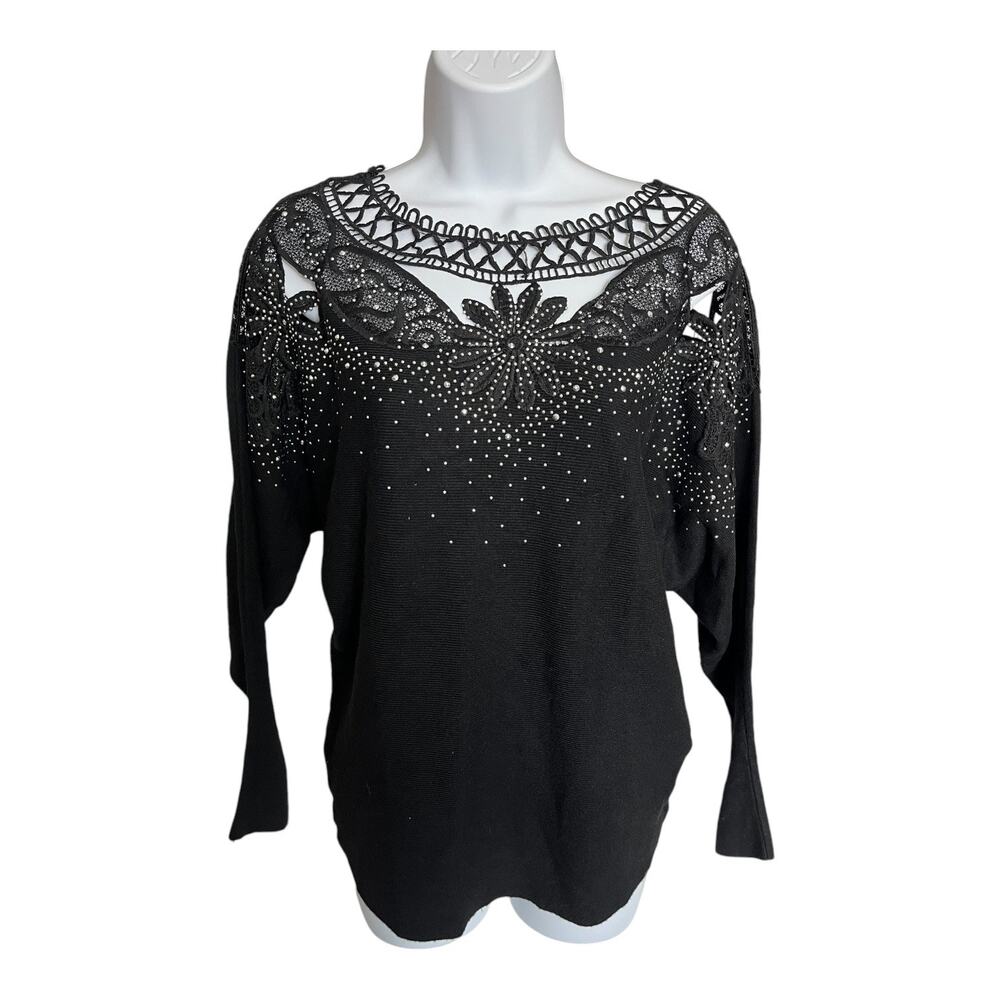 Daniel black long sleeve shirt jeweled embroidered crochet cutout neck S/M NWT